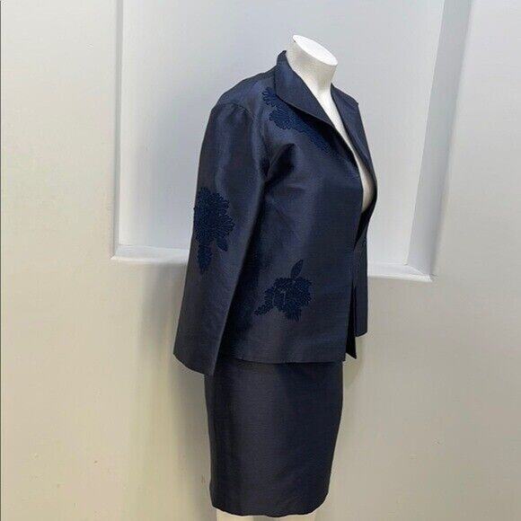 Linda Allard By Ellen Tracy Navy Women's Silk Jacket & Skirt Set Size 12/14 - Picture 4 of 16